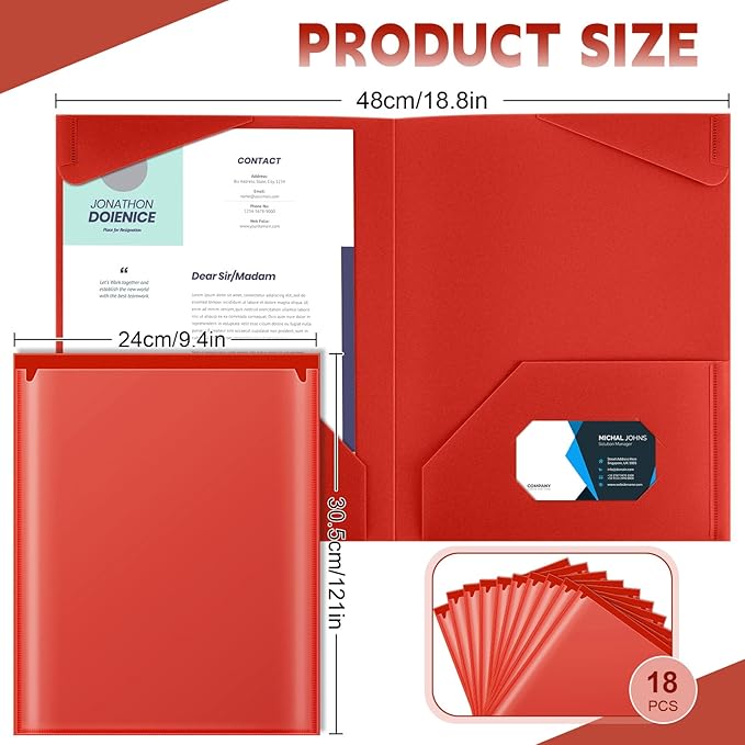 Henoyso 18 Pcs Plastic Folders with Clear Front Pockets Heavy Duty File Folders with 2 Pockets and Card Slot for Student Communication School Office Presentation Report (Red)