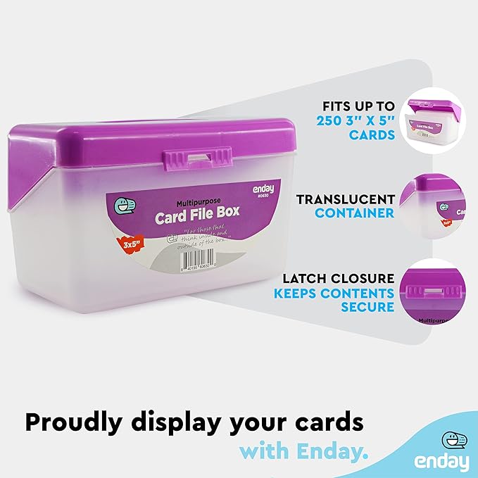 Enday Index Card Holder Purple, 3x5 Note Flash Card Organizer Case, Index Card File w/flip top, Notecard Recipe, Holder, Holds 250 Cards, Also Available in Red, Green, Blue, Grey, Pink (1 PC)