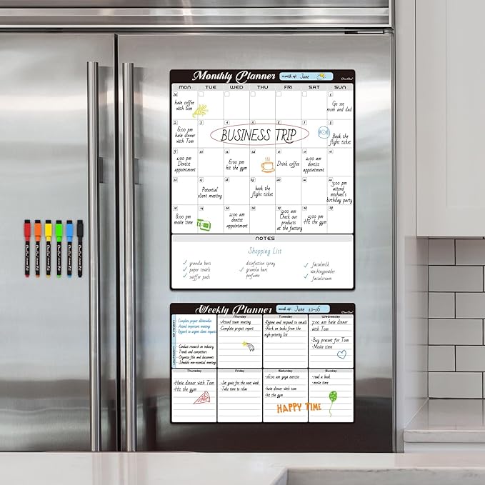 Magnetic Dry Erase Monthly Calendar Set - 15.5"x13" Monthly and 8.5"x13" Weekly Calendar for Fridge - 6 Extra Fine Point Markers Included - Shipped Flat