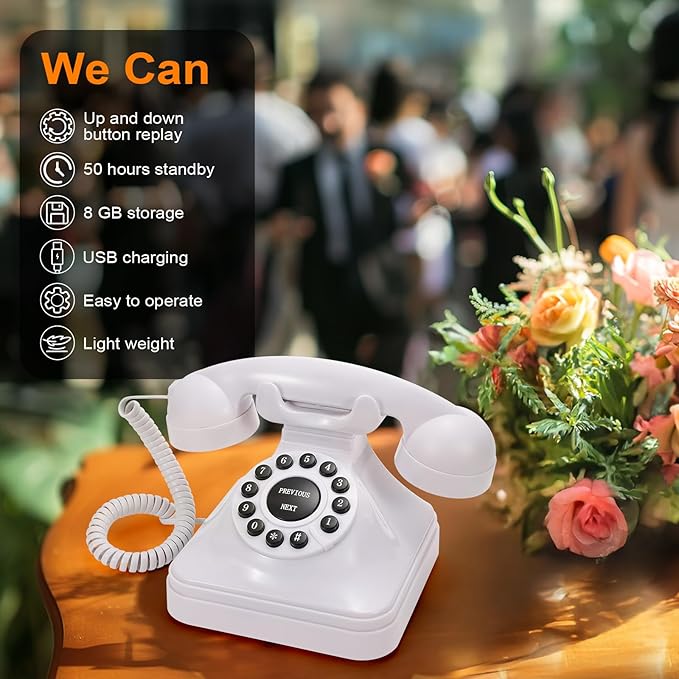 Rotkfst Guest Book Audio Wedding Phone,Record Voice Messages,Retro Guest Book for Wedding or Birthday Party Message Voicemail,Save The Blessings of Your Relatives and Friends（White）