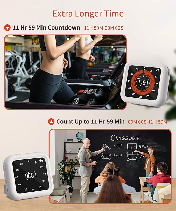 MeesMeek Digital Visual Timer - Max 11H 59M Rechargeable Countdown Timer with VA Display, Clear Digits, Adjustable Volume and Brightness, Magnetic Digital Timer for Kitchen, Classroom, Office (White)