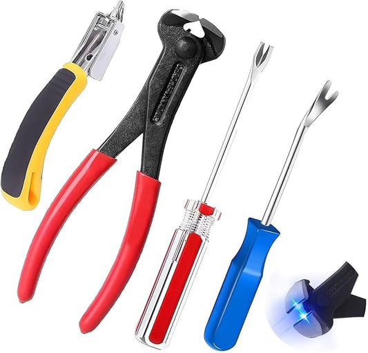 Sichgitzo 4-Piece Staple & Tack Remover Tool Set - Professional Upholstery Nail Puller, Staple Lifter, Glue Remover & Pliers for Furniture, Floor, Wood, Photo Frames & Car Interiors