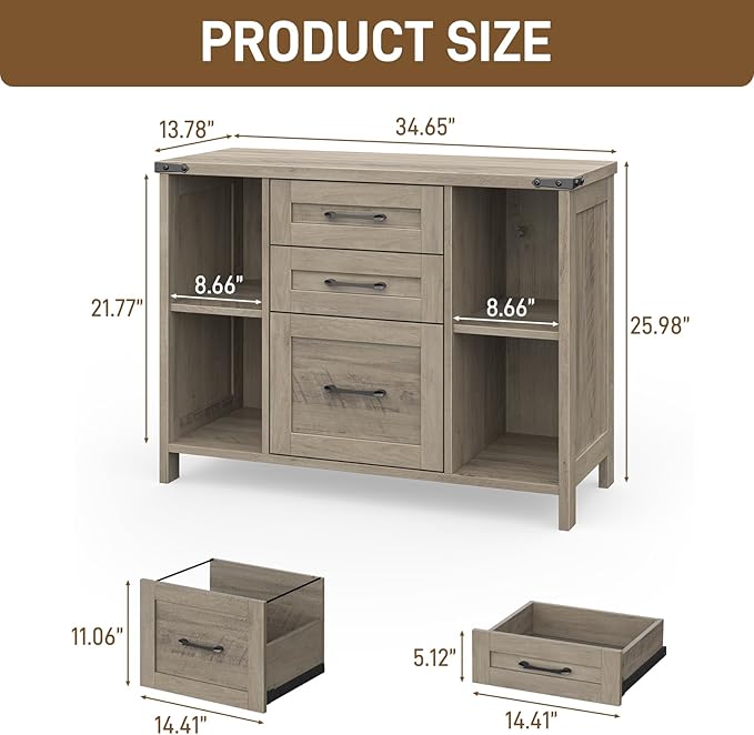 Vabches File Cabinet with 3 Drawers, Farmhouse Lateral File Cabinet Fits Files Letter/A4 Size, Wooden Filing Cabinet with Adjustable Shelves Printer Stand for Home Office, Grey