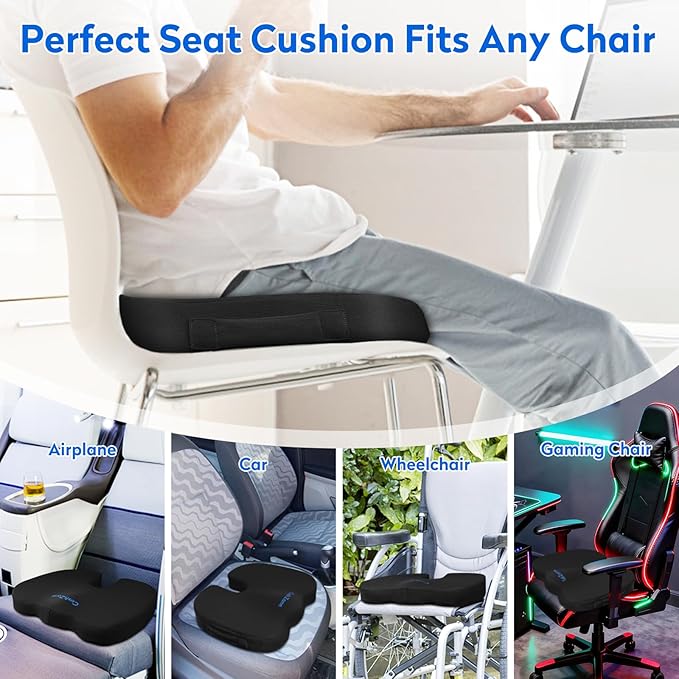 CushZone Seat Cushion, Memory Foam Cushion for Office Chair, Car Seat, Airplane, Chair Pad for Postpartum Pregnancy, Sciatica Tailbone Back Pain Relief for Long Sitting Workers, Car Drivers, Black
