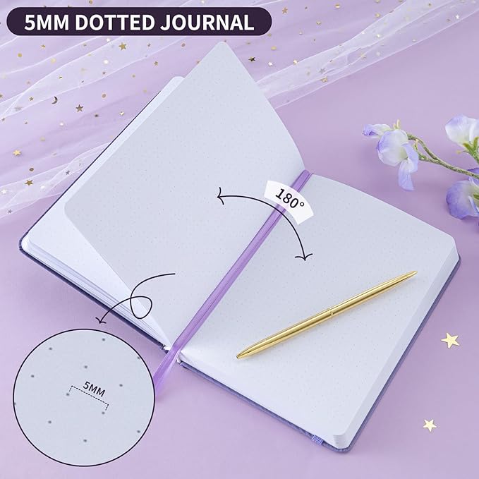Crein Lynh Dot Grid Journal with 160GSM Thick Paper, 192 Pages, A5 Dotted Notebook for Work, School, Travel | 180° Lay Flat, Foil Stamped Cover, Elastic Band, 2 Bookmarks & Inner Pocket (Dark Purple)