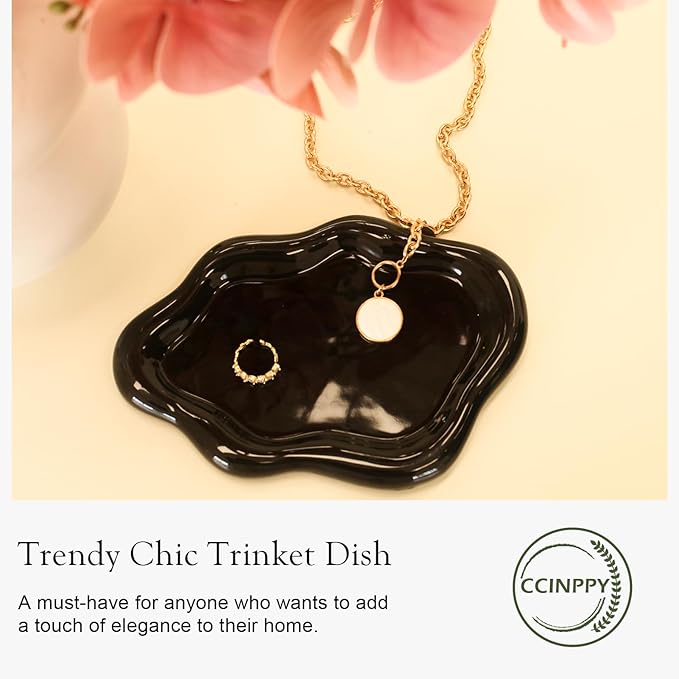 CCINPPY Ceramic Jewelry Tray Trinket Dish, Decorative Cloud Vanity Key Tray for Women, Ring Holder Dish, Cute Jewelry Plate Bowl Room Decor Aesthetic, Black, Large