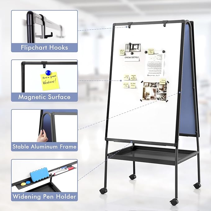 MAKELLO Rolling Whiteboard on Wheels 36x24 in, Double Sided Mobile White Board with Storage Tray for Office School Home, Magnetic Classroom Easel for Teacher, Height Adjustable, Aluminum Frame, 3'x2'