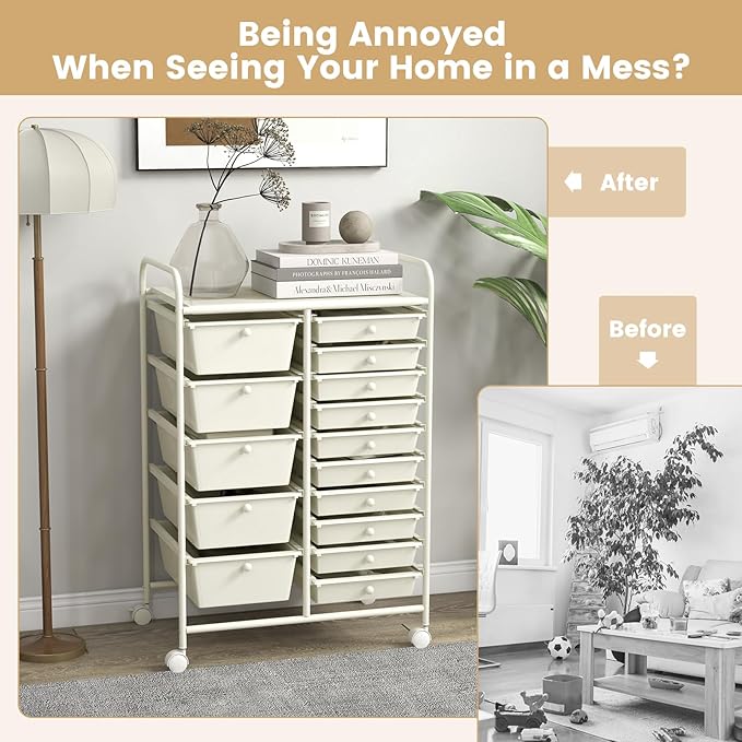 GOFLAME 15-Drawer Rolling Storage Cart, Craft Storage Cart with Removable Drawers & Lockable Wheels, Art Cart Supply Storage Organizer for Home Office Classroom, White