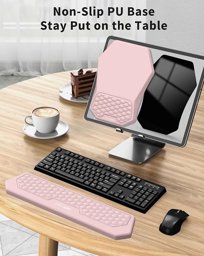 Ergonomic Mouse Pad and Keyboard Wrist Rest Support Set, Massage Design Mousepad for Carpal Tunnel Pain Relief, Memory Foam, Non-Slip PU Base for Computer Desk, Pink