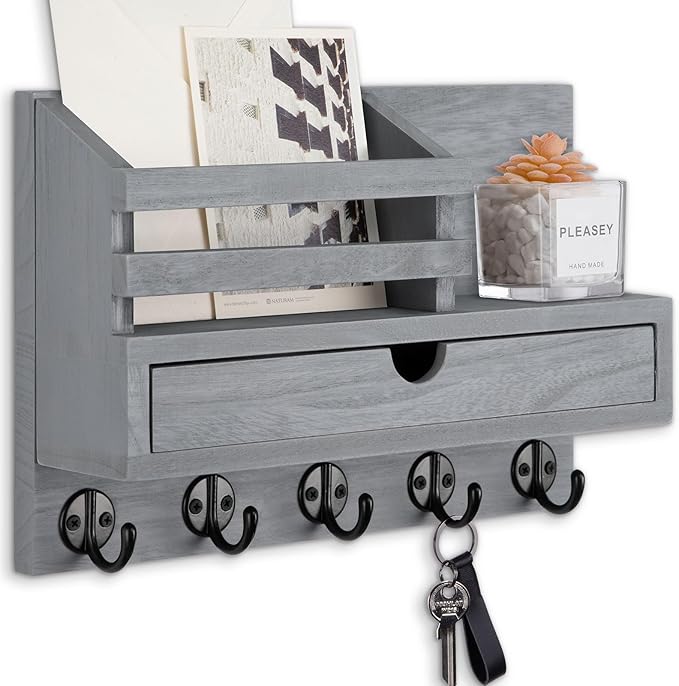 Lucundm Key Holder Wall Mount, Mail Holder with Storage Drawer and 5 Key Hooks for Coat, Dog Leash, Home Decor Rack, House Accessories, Entry Way Organizer (Gray)