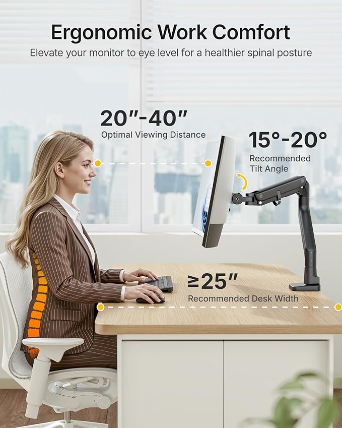 monTEK Heavy-Duty Monitor Arm for 17-57" Ultrawide Curved Screen, Supports up to 59.4 lbs, Adjustable Gas Spring Arm, 75/100 VESA Mount, Clamp & Grommet Desk Monitor Mount Single, Black