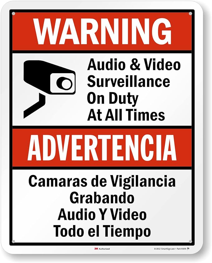 SmartSign 30 x 24 inch “Warning - Audio & Video Surveillance On Duty At All Times” Bilingual Sign, 80 mil Aluminum, 3M Laminated Engineer Grade Reflective Material, Red, Black and White, USA-Made