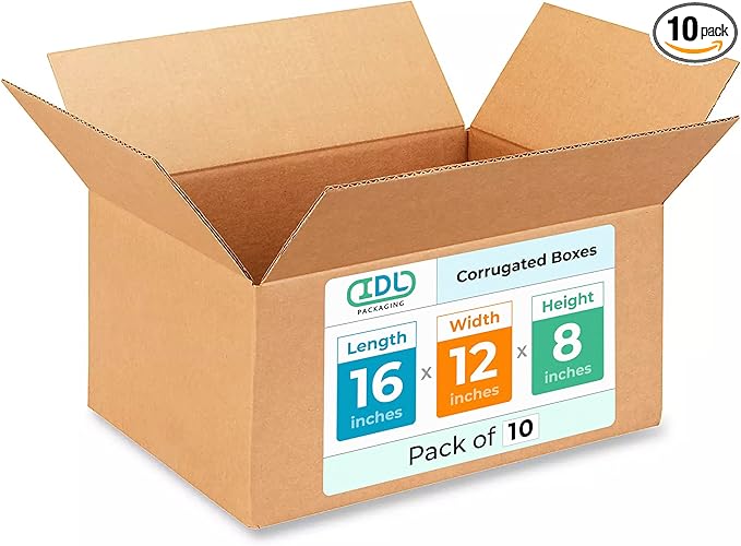 Medium Shipping & Moving Boxes 16x12x8 inches (10-Pack) - Extra Strength 200 lb vs Regular - Corrugated Boxes for Packaging Moving and Delivering - Package Box - Carton Box by IDL Packaging