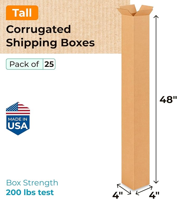 Tall Moving & Shipping Boxes 4"L x 4"W x 48"H (25-Pack) - Extra Strength 200 lb vs Regular - Corrugated Durable Packing Boxes for Moving - Tall Moving Box - Pack of Moving Box by IDL Packaging