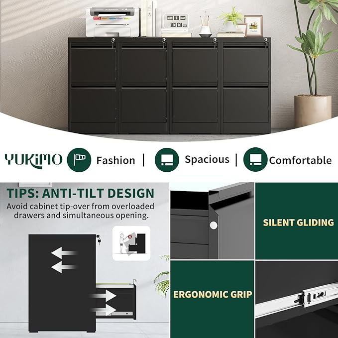 Yukimo 2 Drawer File Cabinet with Lock, Vertical File Cabinet with Lock, Locking File Cabinet Hanging Files for A4/ Legal/Letter, Require Assembly, White