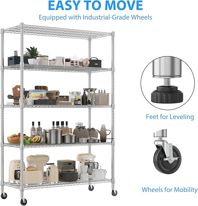 Homdox 5 Tier Storage Racks and Shelving, 24"x60"x82" Heavy Duty Metal Shelves for Storage, 3000LBS Commercial Adjustable Wire Shelving Unit on Wheels for Garage, Pantry, Kitchen, Warehouses, Chrome