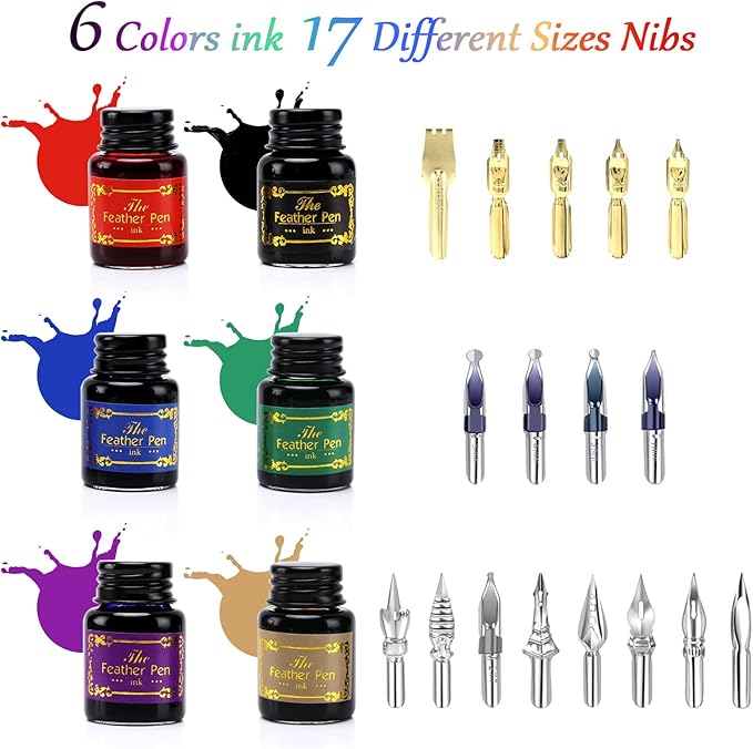 Junhartt Quill Feather Pen and Ink Set, Calligraphy Pen Glass Dip Pen and Wax Seal Stamp Kit (Black)