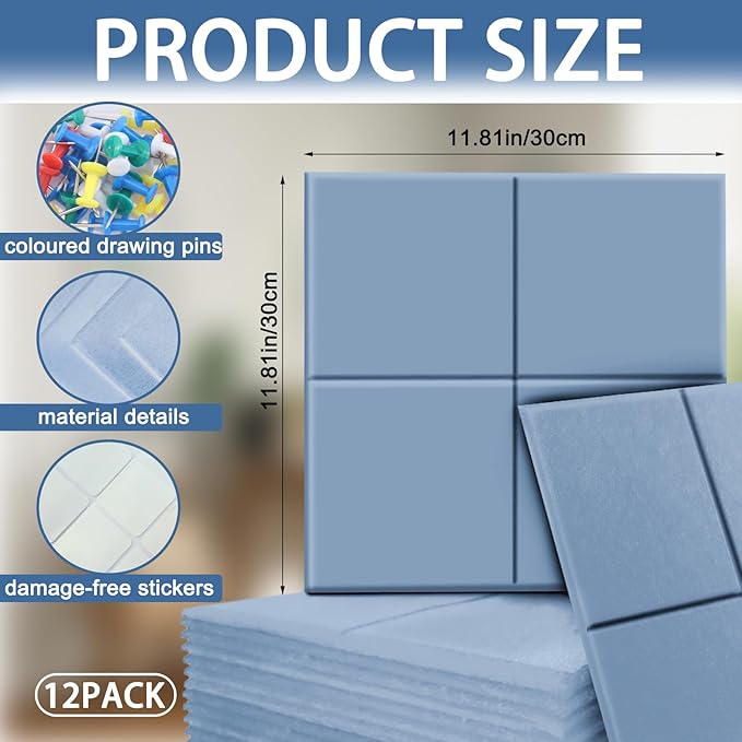 12-Pack Large Felt Bulletin Board 48" x 36" Cork Board Alternative, with 30 Pushpins, 70 Adhesive Tabs, Slat Wall Paneling, Cork Boards for Office Push Pin Board Felt Board-Light Blue