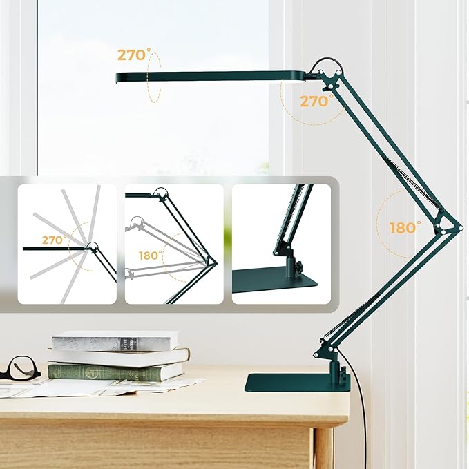 SKYLEO LED Desk Lamp with Slim Base - Adjustable Swing Arm Desk Light, Dimmable, Timer, Eye Protection, Memory Function, 1300LM, 12W, Green