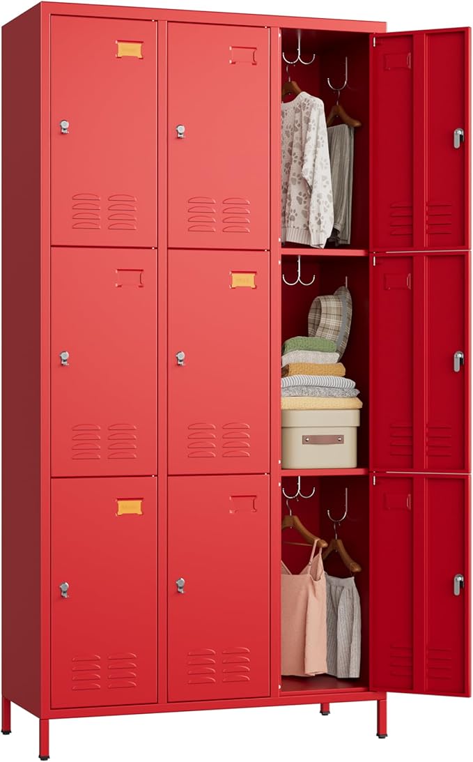 SUPEER 9 Doors Metal Locker with Business Card Holder and 27 Hooks,Metal Locker for Employees with Ventilation Holes for School Garage Office Gym Home,Assembly Required,Red