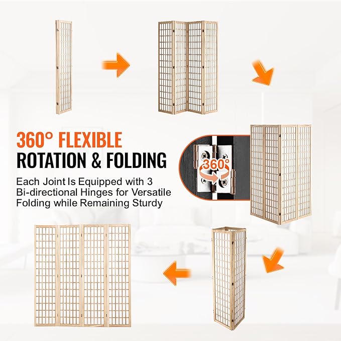 VEVOR Room Divider, 4 Panel Japanese Room Divider, Folding Privacy Screen Indoor, Portable Partition Dividers and Decoration Screens, for Room Separation, Home, Office, Restaurant & Bedroom (Natural)