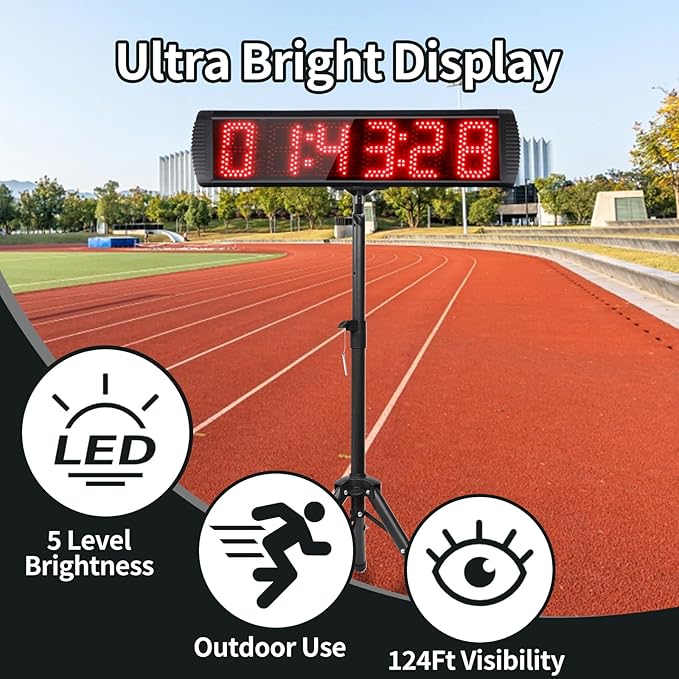 5 Inch 6-Digit LED Race Timer, Running Event Gym Timer for Countdown/Count Up, 12/24 Hour Real Time, Stopwatch with Remote Control, Portable Large Wall Clock（Button+Tripod）