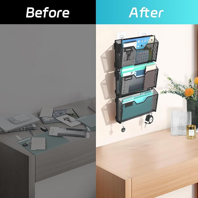 SUPEASY Magnetic File Holder, 3 Pack File Folder Organizer, Wall File Organizer, No Drilling Paper Document Holder & Binder Holder for Home / Office (with Label Panel, 8 * Adhesive Wall Hook)