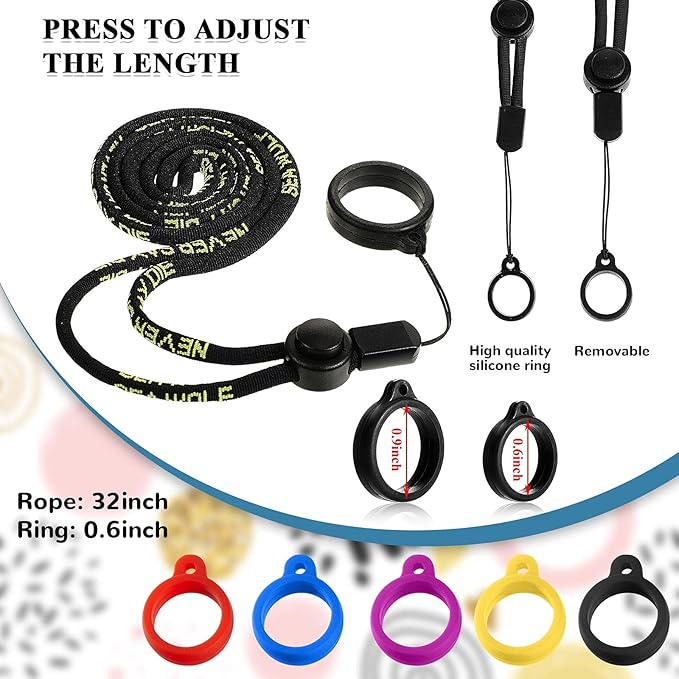 Chinco 16 Pcs Anti Lost Lanyard Set Include 2 Necklace Lanyards Safety Neck Strap with 14 Silicone Ring Soft Protective Ring(Black)