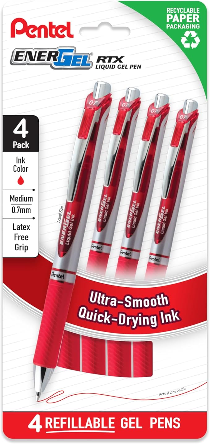 Pentel EnerGel RTX Liquid Gel Pens, Medium (0.7mm), Red Ink, 4-pk (BL77PF4B)
