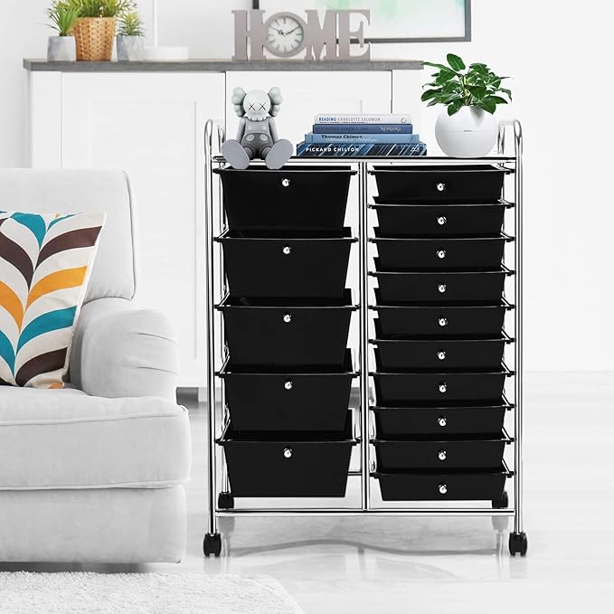 GLACER 15 Drawers Rolling Cart, Storage Cart with w/Removable Drawers & Steel Frame, Multipurpose Organizer Cart w/Sleek Handle, Utility Cart on Lockable Wheels for Home, School, Office (Black)