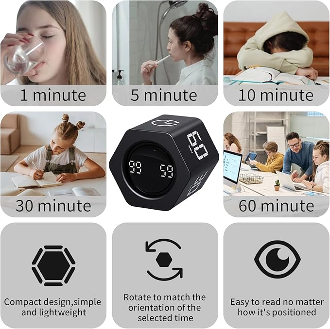 LUCKY TIME Productivity Timer Flip Gravity Sensor Pomodoro Cube Timer Countdown & Countup,1/5/10/30/60min Preset & Custom Timing, Mute/Vibrate/Sound for ADHD,Work,Study,Kitchen(1, Black Hexagon)