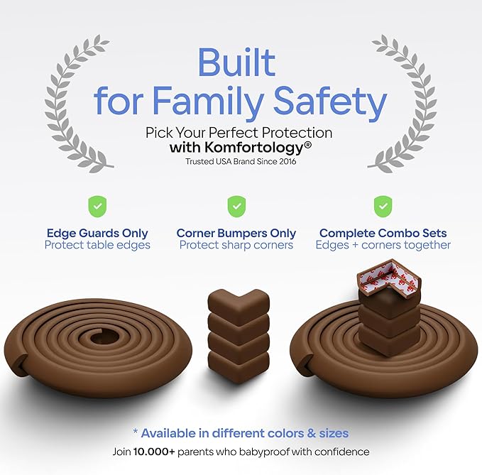 Sharp Edge and Furniture Safety Guards 20.4ft Protective Foam Cushion; 18ft Bumper 8 Adhesive Childsafe Corners Baby Caring Child Proofing Set NonToxic and Safe For Table, Fireplace, Countertop; Brown