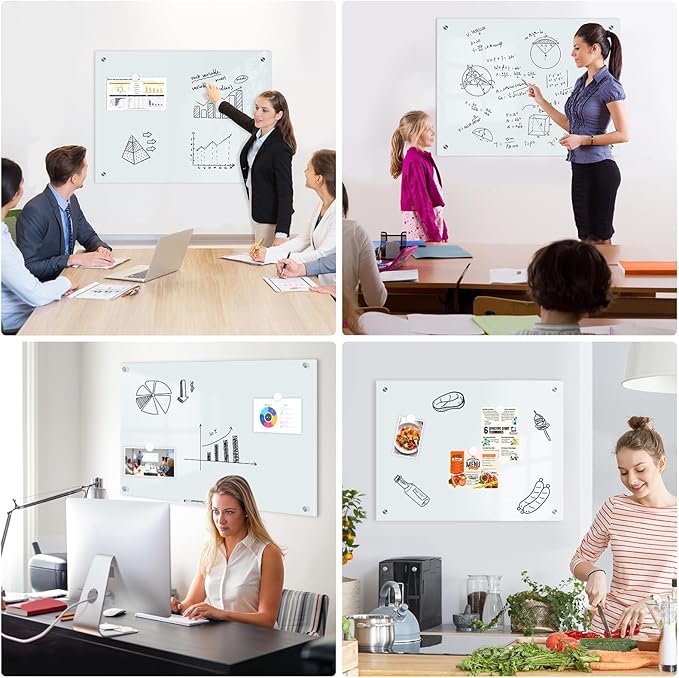 Magnetic Glass Whiteboard, 24" x 18" Glass Dry Erase Board for Wall, Frameless White Board with 1 Marker Tray and 3 Magnets for Office, Home, Classroom - Normal White