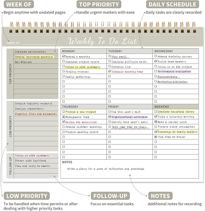 104 Pgs Weekly To Do List Notepad, 52 Duplex-Printed Undated Sheets 100 GSM（8.5"×11") Weekly Desk Planner For Work Home School Office Desk Accessories Supplies & Goal Setting Tasks - Beige