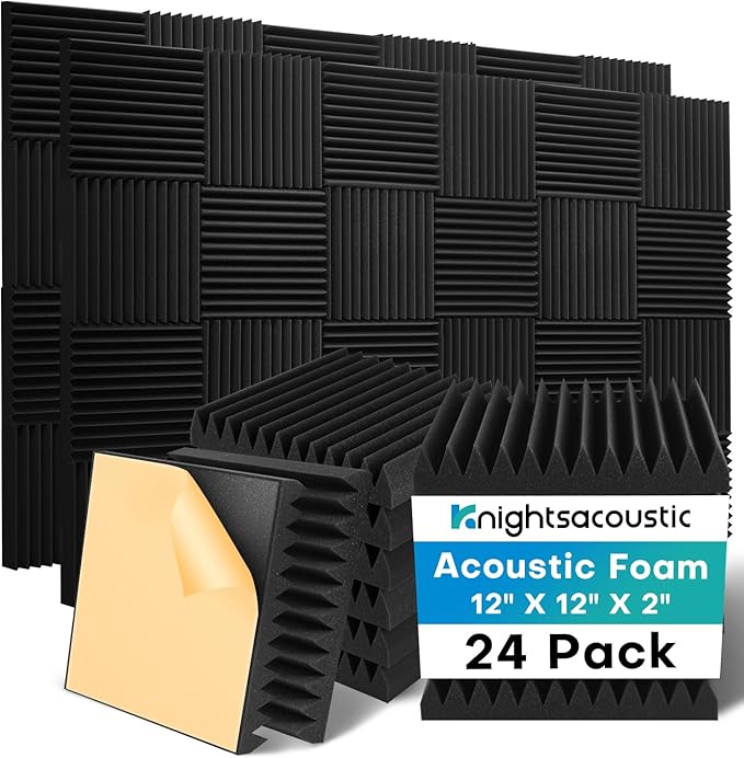 Knightsacoustic 24 Pack Sound Proof Foam Panels for Walls with Self Adhesive, 12x12x2 Acoustic Foam Panels, High Density Acoustic Panels Sound Absorbing, Fire Resistant Studio Sound Proofing Black