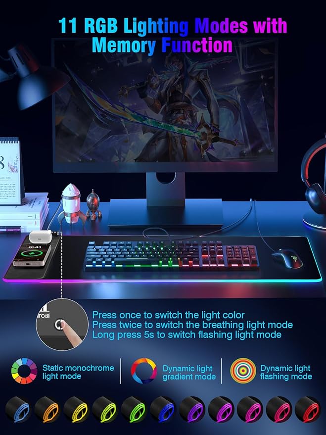 Miroddi RGB Mouse Pad with Wireless Charging Gaming Mousepad, 31.5"x15.75" Extra Large Desk Mat, 13 Light Modes, Non-Slip Rubber Base Ultra-Smooth Surface Keyboard Mat for PC, MacBook, Laptop