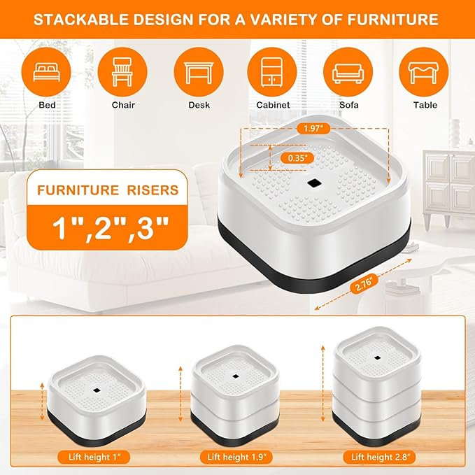 shouwuhho 12 Pack Furniture Risers Adjustable Bed Risers Heavy Duty Lifts Height 1", Square Stackable Bed Risers 1, 2 or 3 Inch for Desk Leg Table Couch Sofa Chair Bed Frame Legs Dorm, White