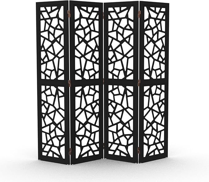 VINGLI 70'' H Room Divider, Non-Woven Fabric Privacy Screen, Indoor Partition Wall Dividers, Freestanding Hinged Space Separator with Modern Unique Pattern (Black, 4 Panel)