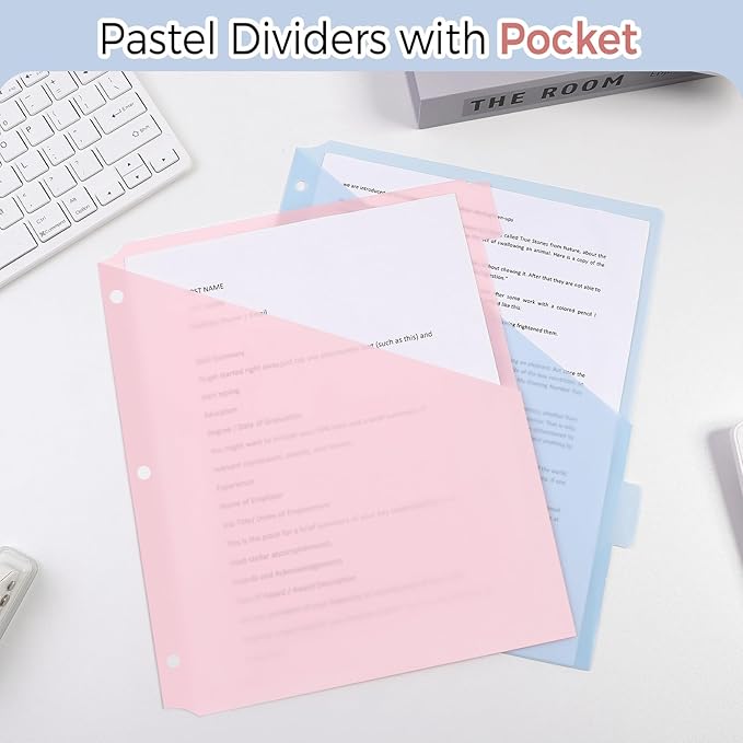 SKYDUE Pastel Binder Dividers with Pockets – 8-Tab Durable Plastic Dividers for 3-Ring Binder, Single Pocket File Organizers with Matching Label Stickers