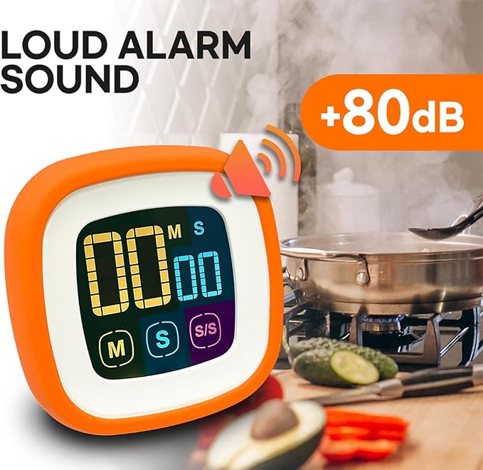 CREAVIVA Digital Kitchen Timer, Countdown, Countup, Protective Rubber case, Large Display with Color Bold Digits, Touch Control, Backlit, Magnetic Kickstand, Loud Alarm, Auto Memory (Orange)