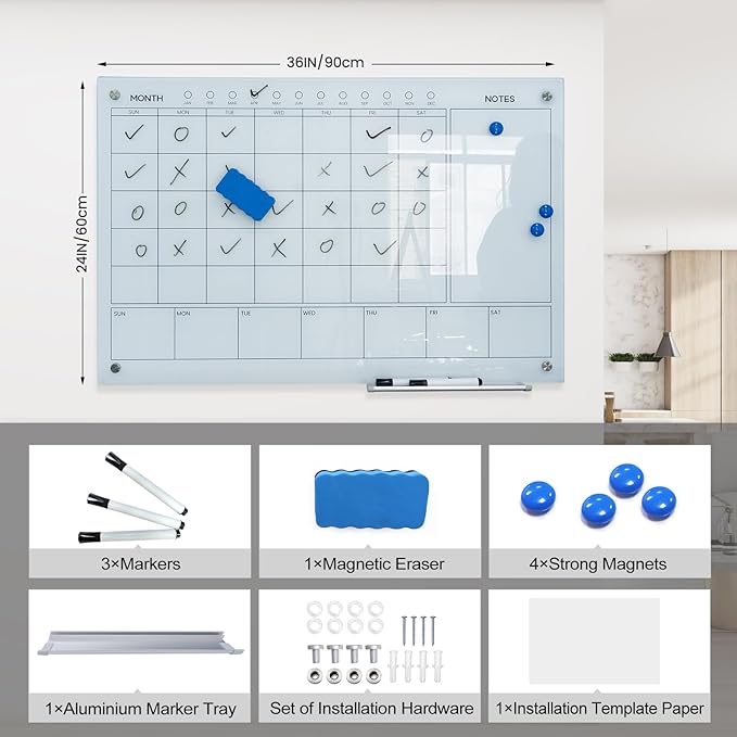 JYYPWB Magnetic Glass Whiteboard 36X24 Monthly Planner Calendar Dry Erase Board for Home, School, Office, Frameless, with Markers, Marker Tray, Eraser, Magnets (White)