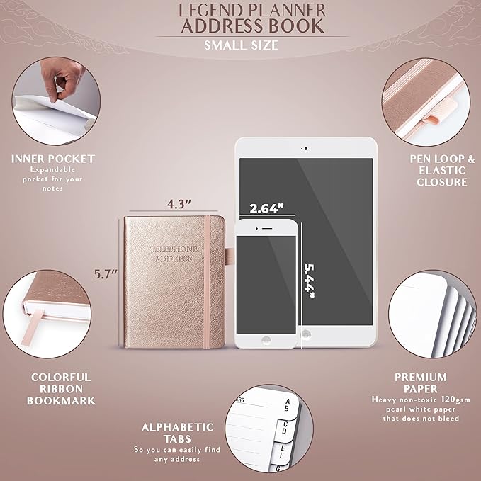 Legend Planner Address Book with Alphabetical Tabs – Mini Telephone Contacts Book for Phone Numbers, Addresses, Passwords, Small (Rose Gold)