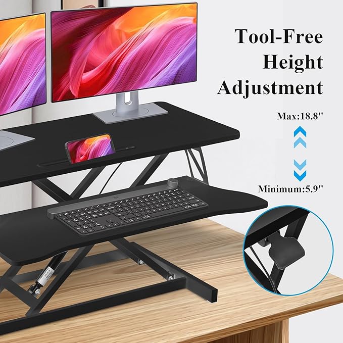 37 Inch Standing Desk Converter - Manual Pneumatic Spring, Two Monitor Stable Standing Desk Converter, 5.9" to 18.8" Height Adjustable Laptop Workstation with Keyboard Tray for Home, Company(Black)