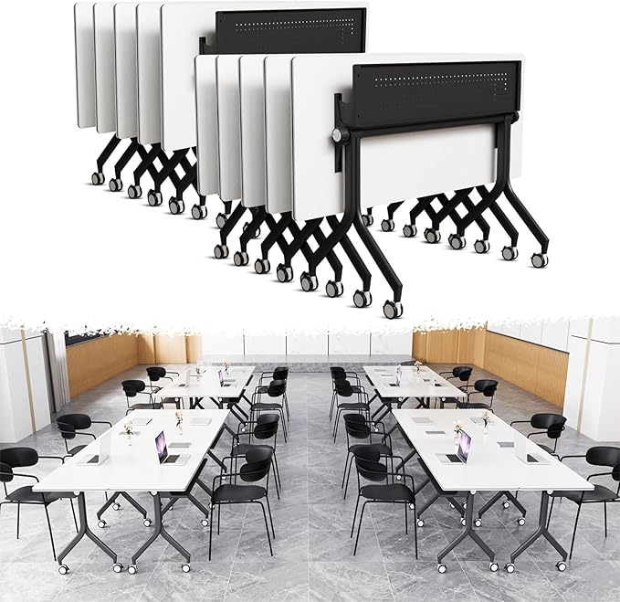 Goakwwuz Conference Room Table, Folding Conference Tables,Thicken Grey Tabletop,Flip Top Wooden Seminar Meeting Room Table for Conference Room Offices (10, Black Drawer, 55.1”)