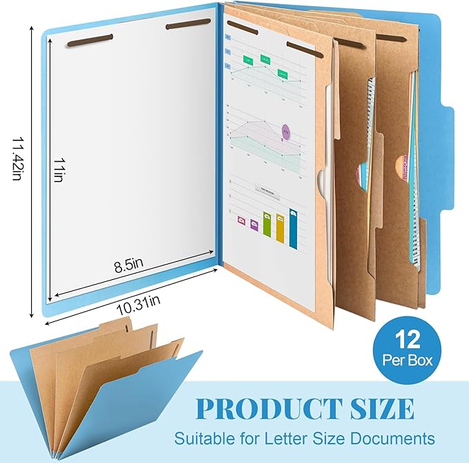 12 Pcs Classification Folders Letter Size 3 Pocket Dividers Employee File Folder with 2 Prongs Fasteners, 2 in Expansion Heavy Duty Pressboard File Holder for School Office Medical Document(Blue)