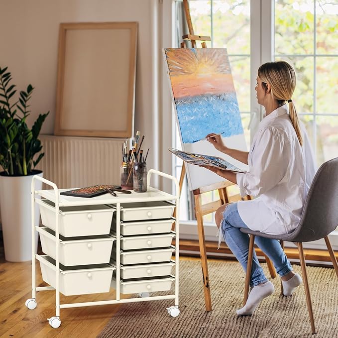 GOFLAME 9-Drawer Rolling Storage Cart, Mobile Utility Cart with Removable Drawers & Metal Frame, Art Craft Organizer Cart with Lockable Wheels, Storage Drawer Cart for Home Office School, White