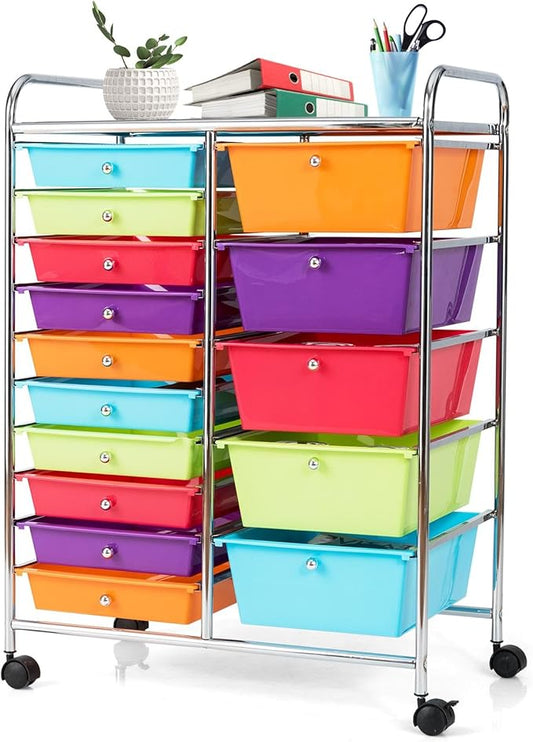 GLACER 15 Drawers Rolling Cart, Storage Cart with w/Removable Drawers & Steel Frame, Multipurpose Organizer Cart w/Sleek Handle, Utility Cart on Lockable Wheels for Home, School, Office (Multicolor)