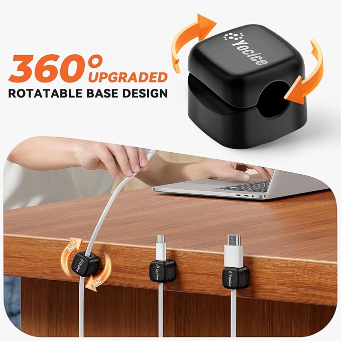 Yocice 12Pack Rotatable Cord Organizer,Spring Cable Clips Desk Cable Management Cord Holder Adhesive Phone Charger Cord Clips for Home Office Car Wall Nightstand Accessories, Black