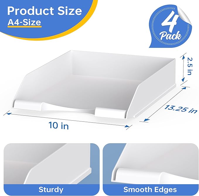 4 Pack Stackable Paper Trays for Letter Documents, Desktop File Organizers for Office Supplies, Stackable Desk Tray Holder for Paper Storage, Gray