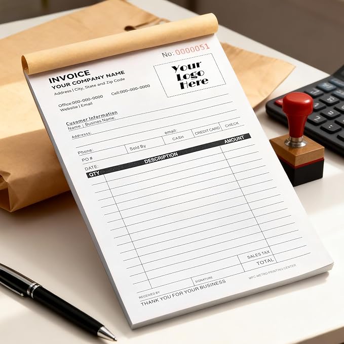 100 Sets Custom 5.7" X 8.5" Invoice Receipt Book, Personalized Duplicate Carbonless Form with Logo/Text, Paper 2-Part/3-Part in Bulk Purchase Orders, Sales Orders, Price Forms (2-Part)